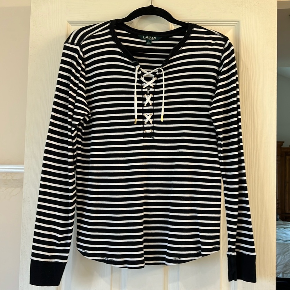 Lauren Ralph Lauren Women’s Large Black/White Striped Lace-Up Waffle-Knit Top